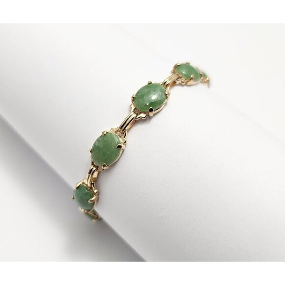 Unique 14K Solid Yellow Gold Designer Green Jade Jadeite Link Bracelet 7.25